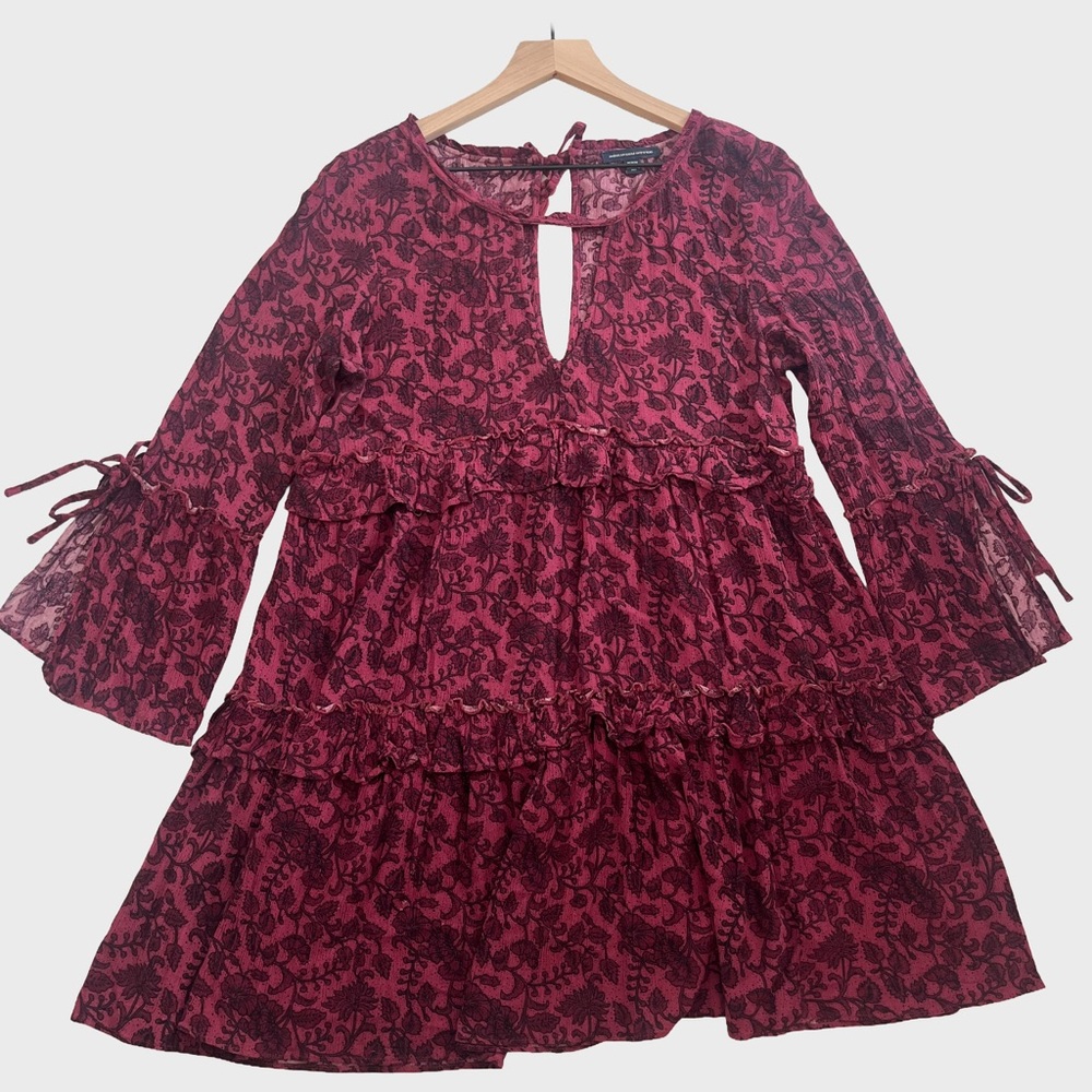 American Eagle Cranberry Floral Tiered Boho Bell Sleeve Dress M